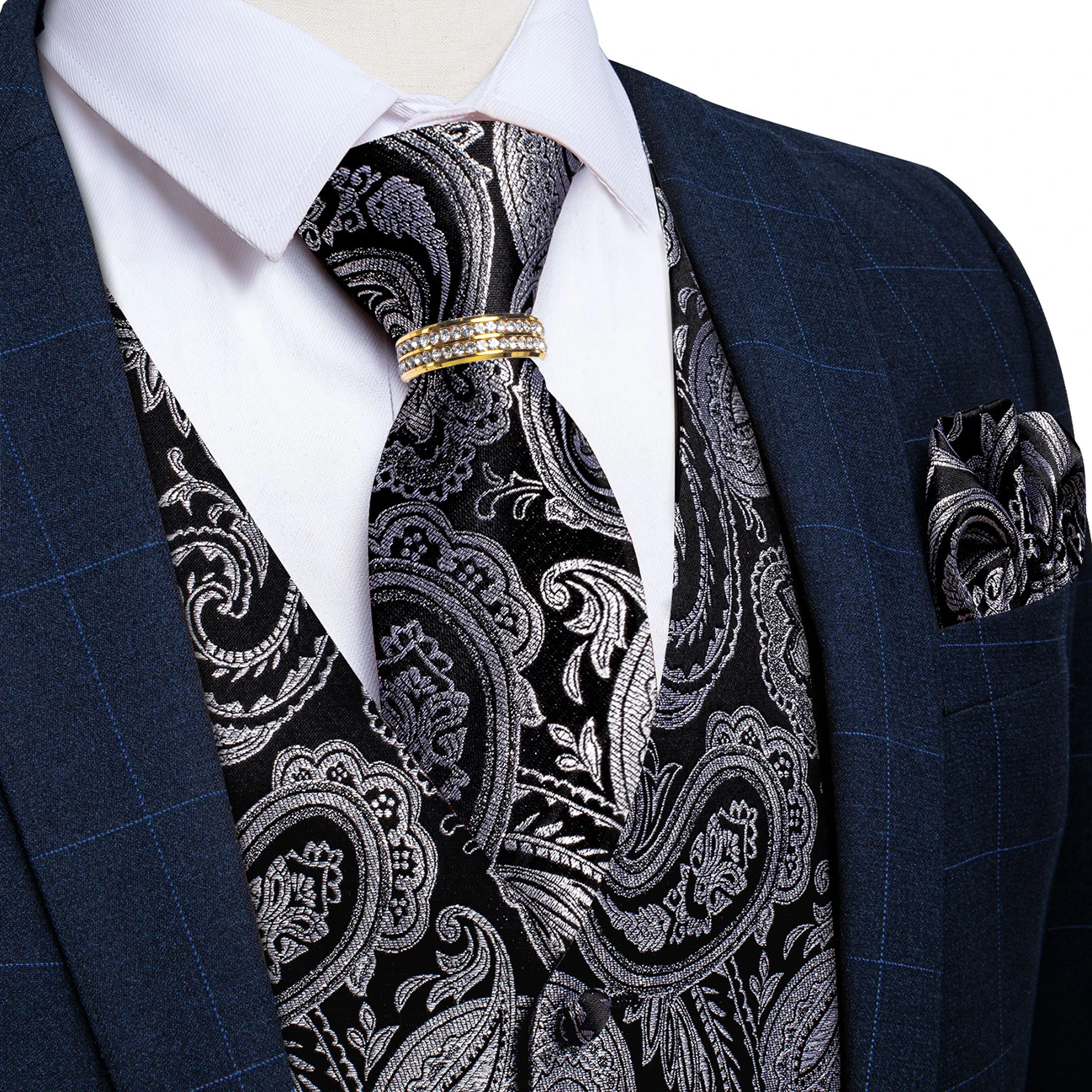 

Silver Grey Paisley Waistcoat Accessory Set Tie Square Cufflinks Decor Ring For Office Date Formal Ceremony