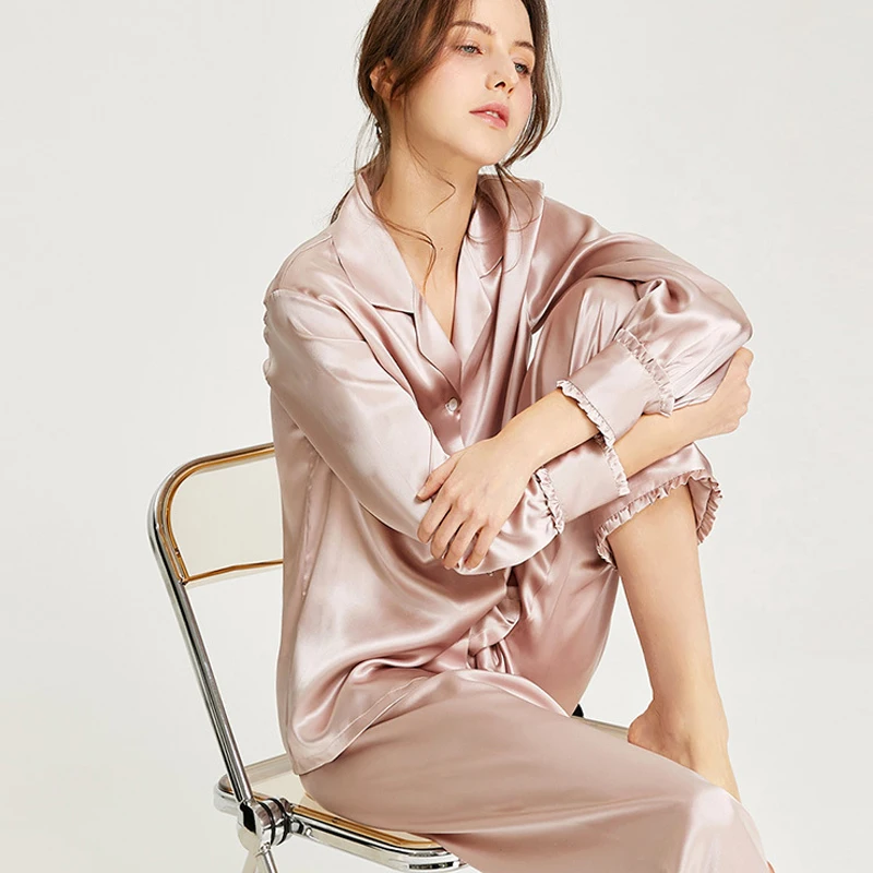 100 Mulberry Silk Pajamas Set Women's Real 19Momme Sleepwear Ladies Long-sleeved Top+Pants 2 Pieces Pijamas Home Suit Clothes