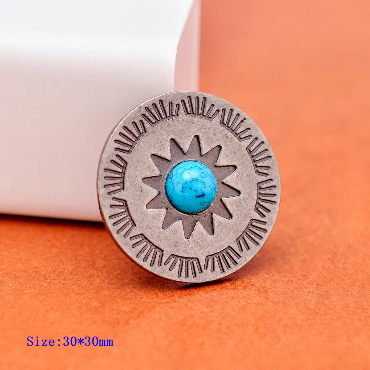 10Pcs 30mm Antique Silver Ethnic Sun Totem Flower Leathercraft Belt Accessories Hardware Sky Blue Turquoise Concho Screwback