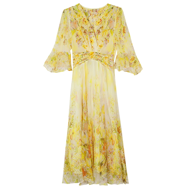 Summer Luxury Vacation Fashion Elegant Maxi Dress New Dance Party Yellow Dress 2024 Women Boho Beach Floral Silk Casual Vestidos