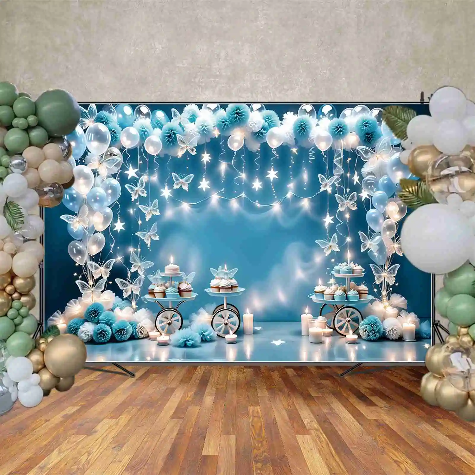 MOON.QG Backdrop Baby Shower Birthday Butterfly Balloon Flower Background for Boy Blue Candy Cart Candle Light Photography Props