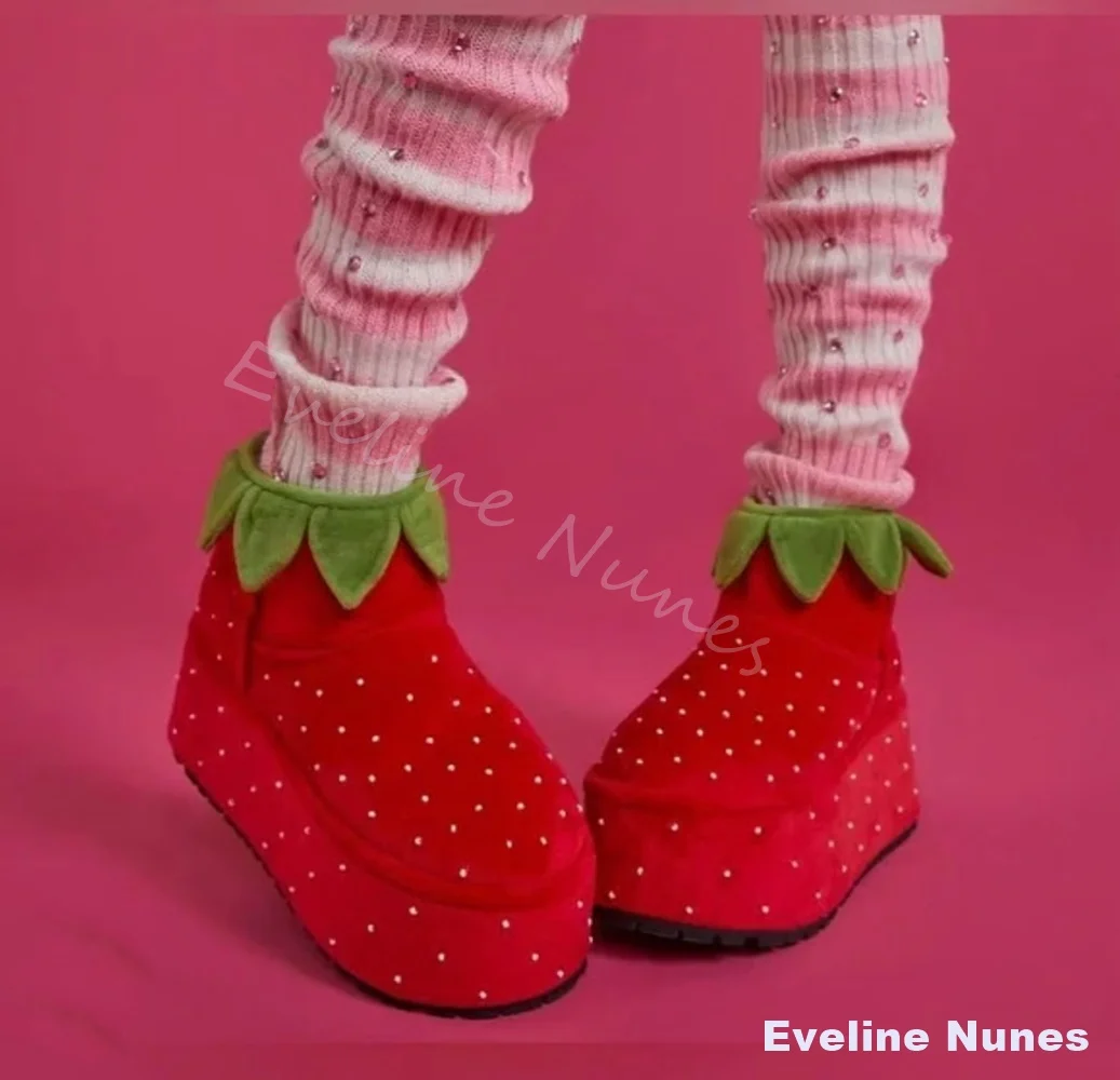 

Женские ботильоны на платформе с клубникой, непромокаемые противоскользящие ботинки без шнуровки с круглым носком для косплея, подиумные ботинки, новинка 2025, милые ботинки