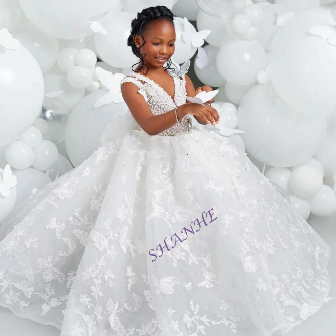CustomizedWhite Flower Girl Dresses for Wedding Butterfly Appliques Pearl Floor Length Girl Kids Birthday Party First Holy Commu