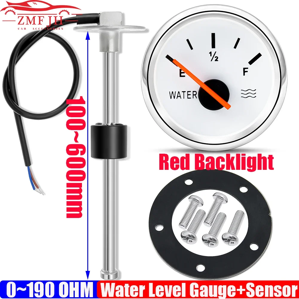 0-190Ohm Czujnik pływakowy + Wskaźnik poziomu wody Kolor czerwony LED 52 mm Wskaźnik licznika zbiornika wody Do samochodu morskiego Kamper Jacht Niestandardowy