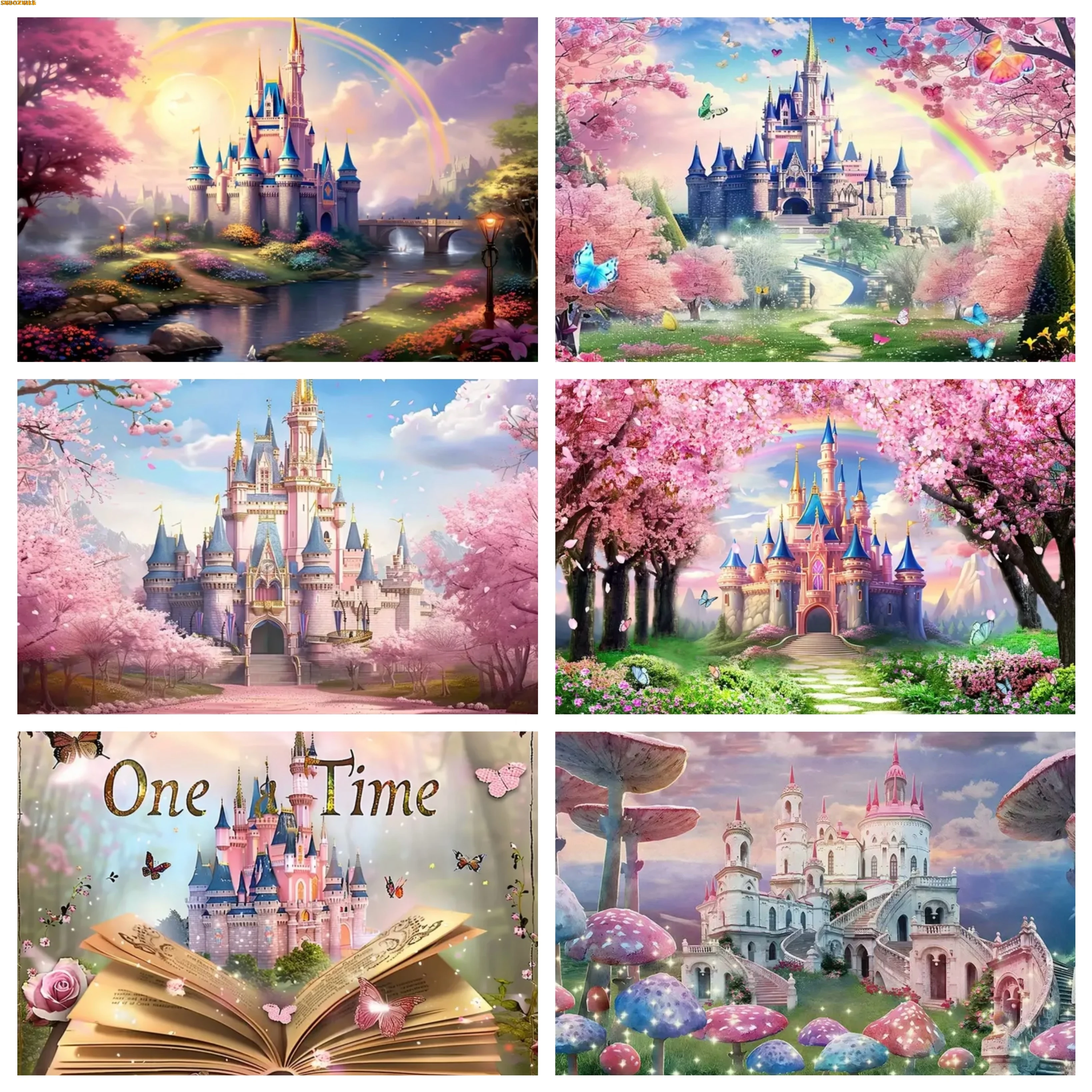 

Pink Rainbow Castle Princess Birthday Photography Backdrops Flowers Forest Princess Baby Shower Photo Studio Background BB-01