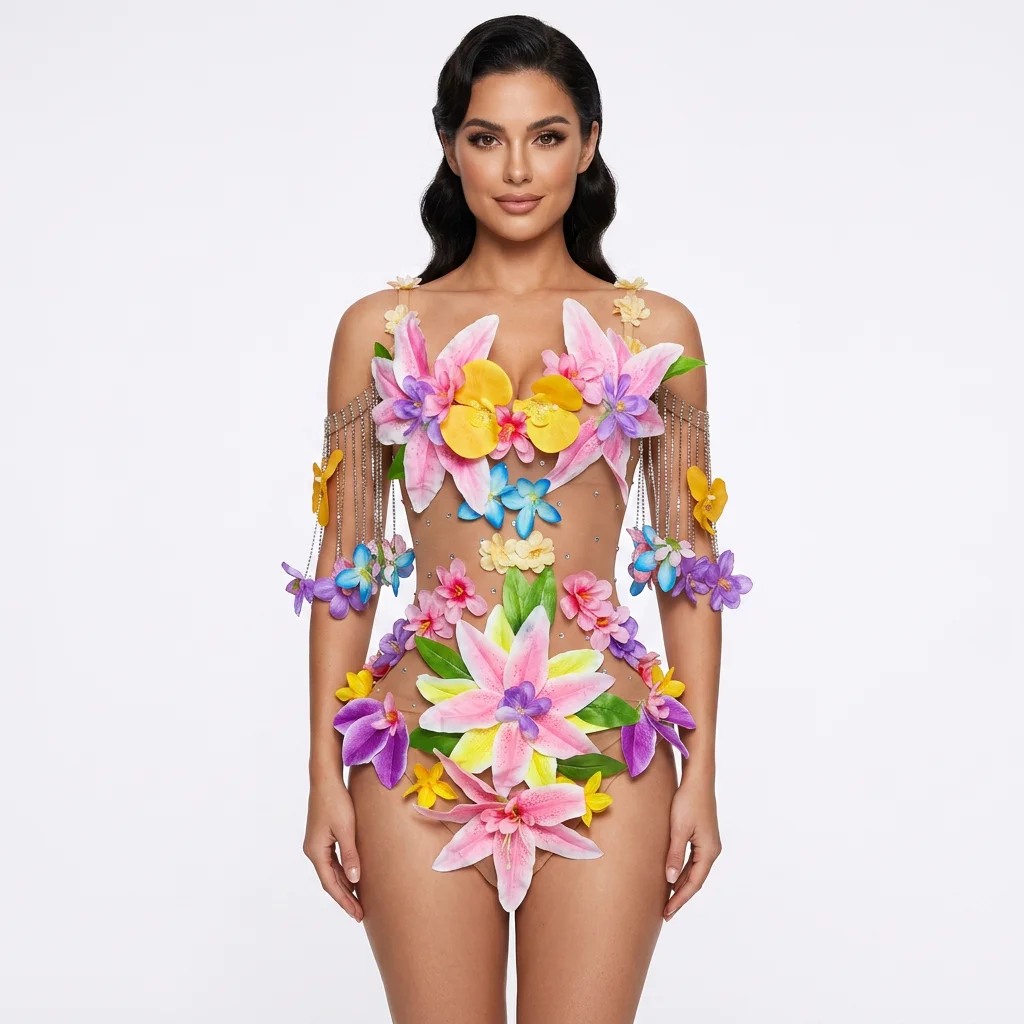 Sexy See Through Rhinestone Tassel Flower Night Club Party Mini Dress Women Singer Stage Wear Stripper Dancer Festival Outfit