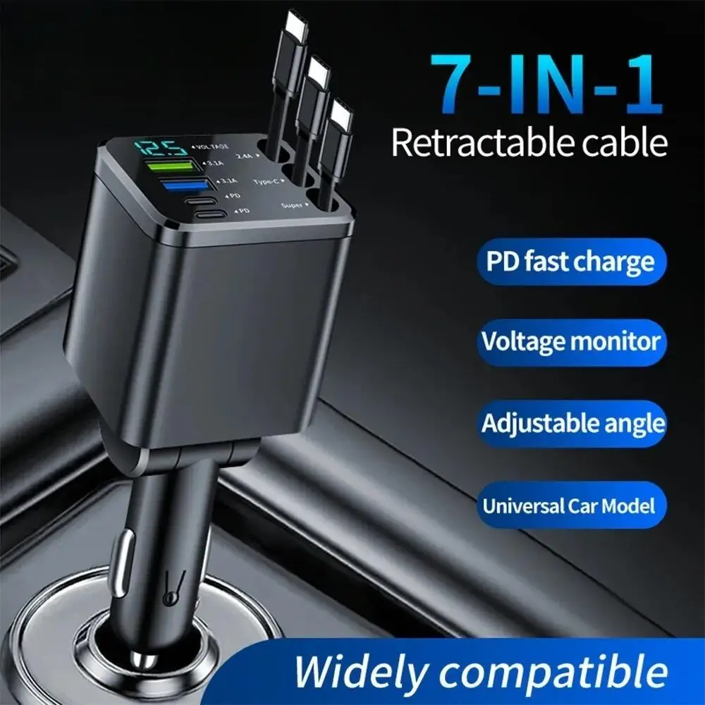 7-in-1 einziehbares Autoladegerät Typ C Digitalanzeige Autotelefon-Ladegerät für iPhone Samsung Xiaomi USB-Schnelllade-Autoadapter