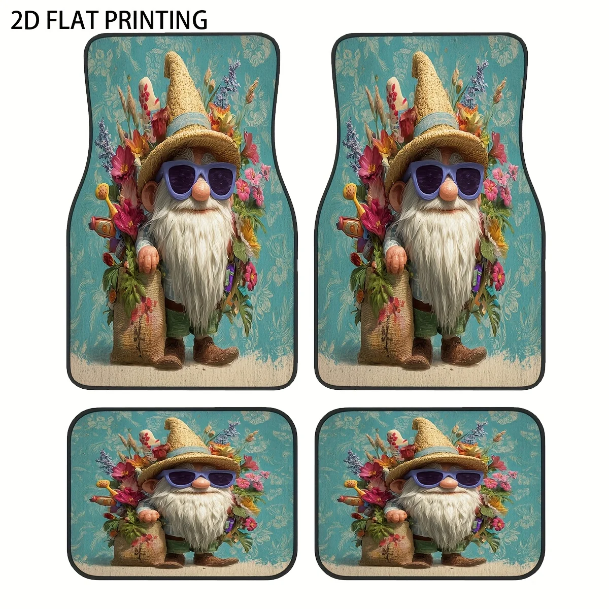 

4pcs Floral Hat Gnome Cozy Funny Pattern Printed Car Mats, Universal Material All-Season Weatherproof Vehicle Interior Protectio