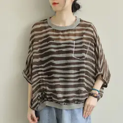 Oversized T Shirts Women Fashion Striped Irregular Design T-shirt Casual Loose Short Sleeve Top Summer Trend Thin Tshirt Vintage
