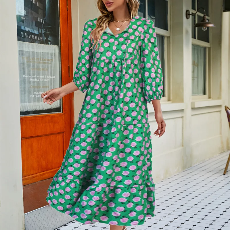 Plus-size Women\'s Spring/Summer Dress Green Print Long Dress Casual Bohemian Lantern Sleeve Women\'s Beach Party Dress 2024