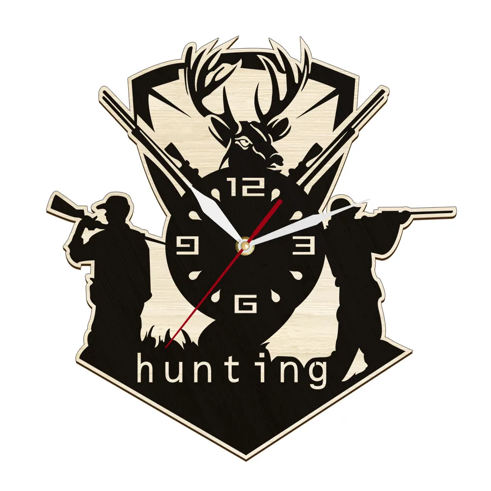 

Deer Hunting Black Wall Clock Made Of Natural Wood Farmhouse Style Wall Watch For Man Cave Rifle Shooting Buck Hunter Time Clock