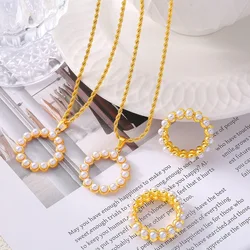 Round White Beaded Pendant for Women Long Necklace Ring Set Stainless Steel Chain Copper Plated Fashion Charm Jewelry Wholesale