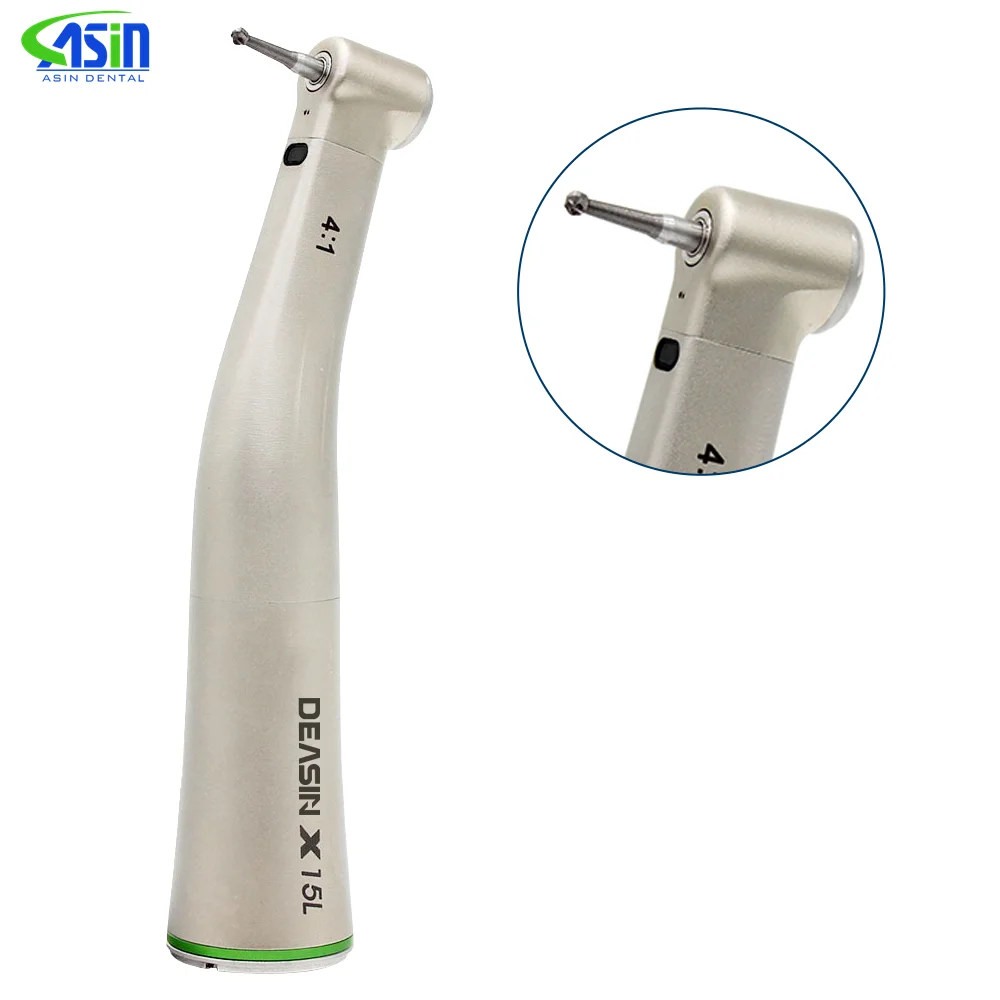 DEASIN Dental Lab 4:1 Fiber Optical LED Contra Angle Low Speed Handpiece Green Ring X15L Dental Electric Micromotor Handpiece