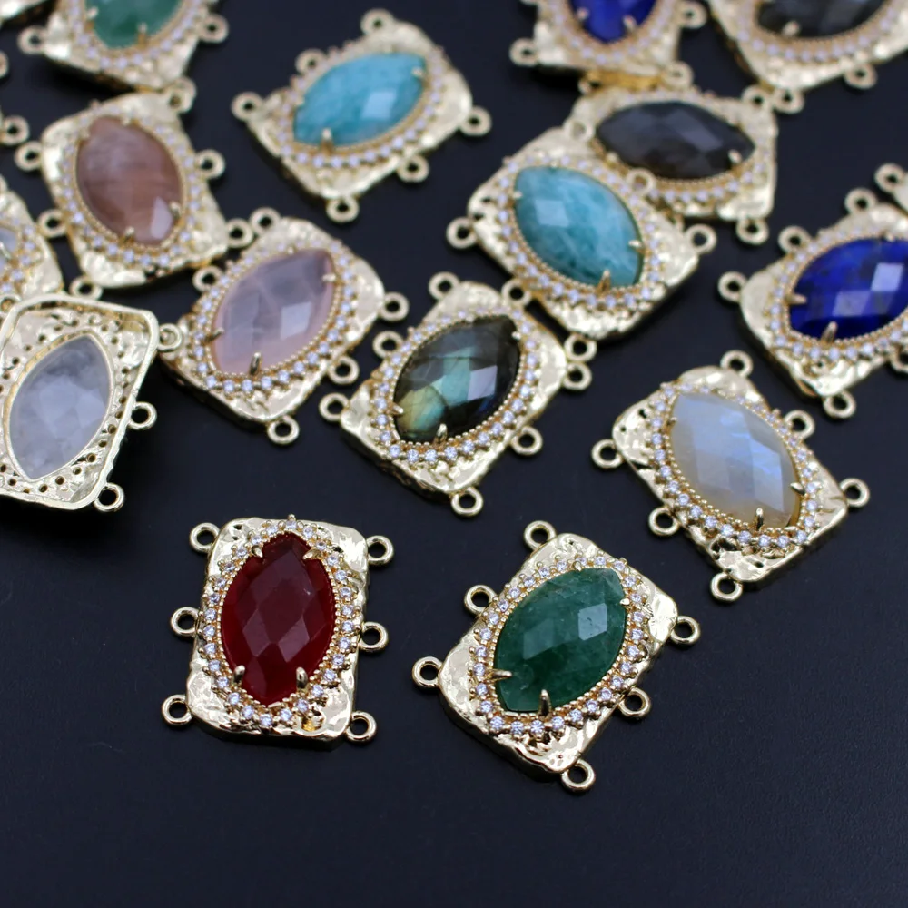 6pcs Natural Blue Lapis Amazonite Marquise Stone CZ Pendant Rectangle Connectors DIY for Women Strands Collar Stones Necklaces