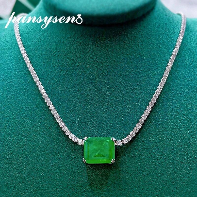 PANSYSEN Solid Silver 925 Jewelry Emerald Paraiba Tourmaline Simulated Moissanite Pendant Necklace Luxury Fine Jewelry Wholesale