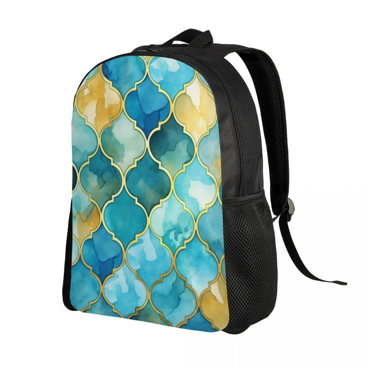 Custom Blue Aqua Gold Morrocan Trendy Glitter Print Backpacks for Men Women Water Resistant College School Bag Print Bookbags