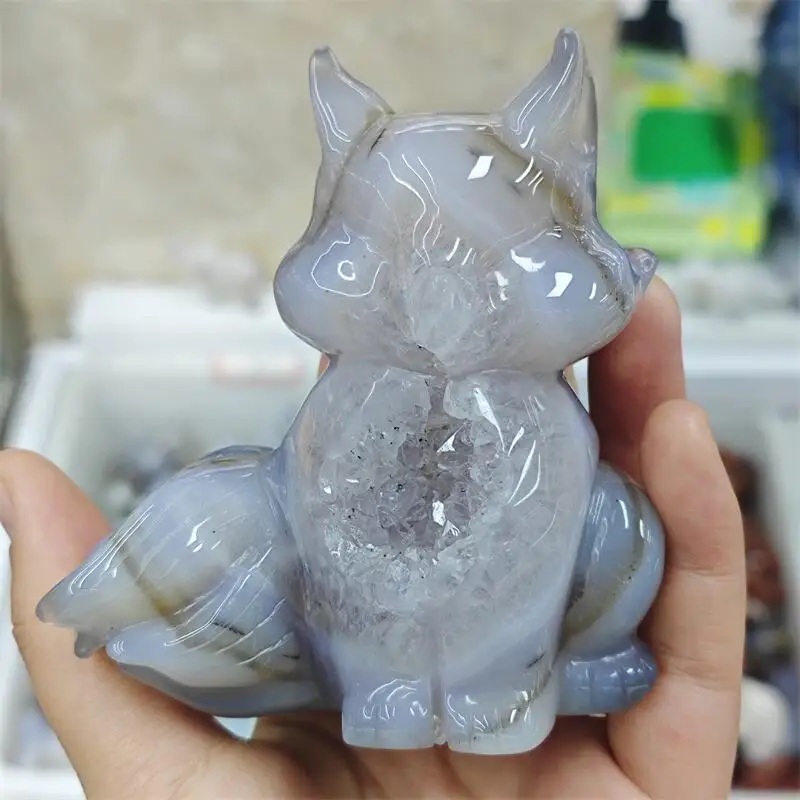 Natural Agate Geode Fox Fairy Carving Reiki Healing Fengshui Stone Home Office Decoration Holiday Gift 1PCS