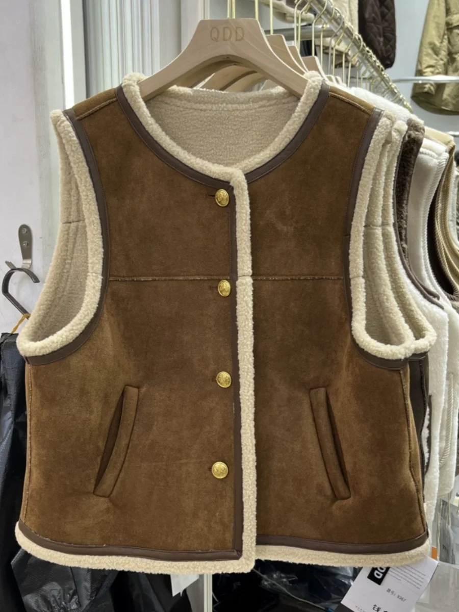 

Ladies' Sheepskin Vest Korean Retro round Neck Single Button Loose Outerwear Winter Fashion Trendy Color Commute Style