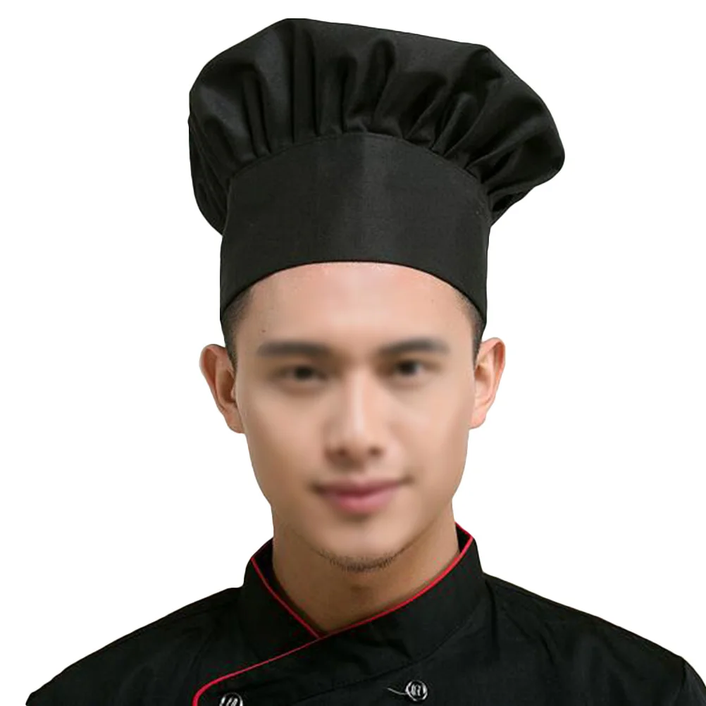 Chapeau de chef pour hommes et femmes, casquette de cuisine en coton et polyester de style champignon noir avec dos élastique, ajustement réglable pour les restaurants
