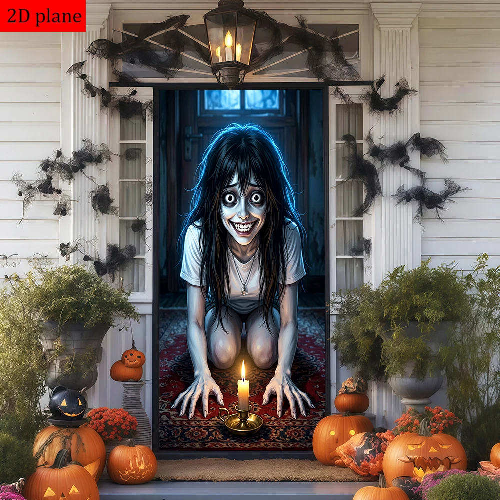 creepy girl candle kneeling dark - room scary expression Door frame decoration with high elasticity elastic band