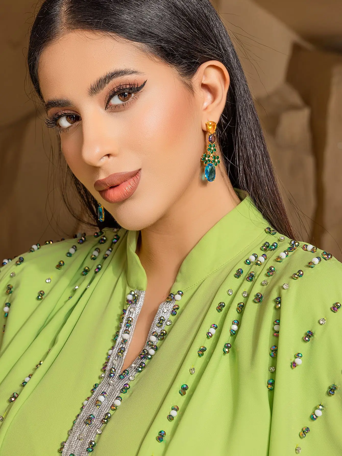 Naher Osten Ramadan Marokko Muslingo Grün Halb Stehkragen Schal Kleid Arabisches Dubai Kleid Luxus Mode Hot Diamond Abendkleid