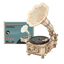 Robotime ROKR DIY Hand Crank Classic Gramophone Wooden Puzzle Model Building Kits Assembly Toy Gift for Children LKB01