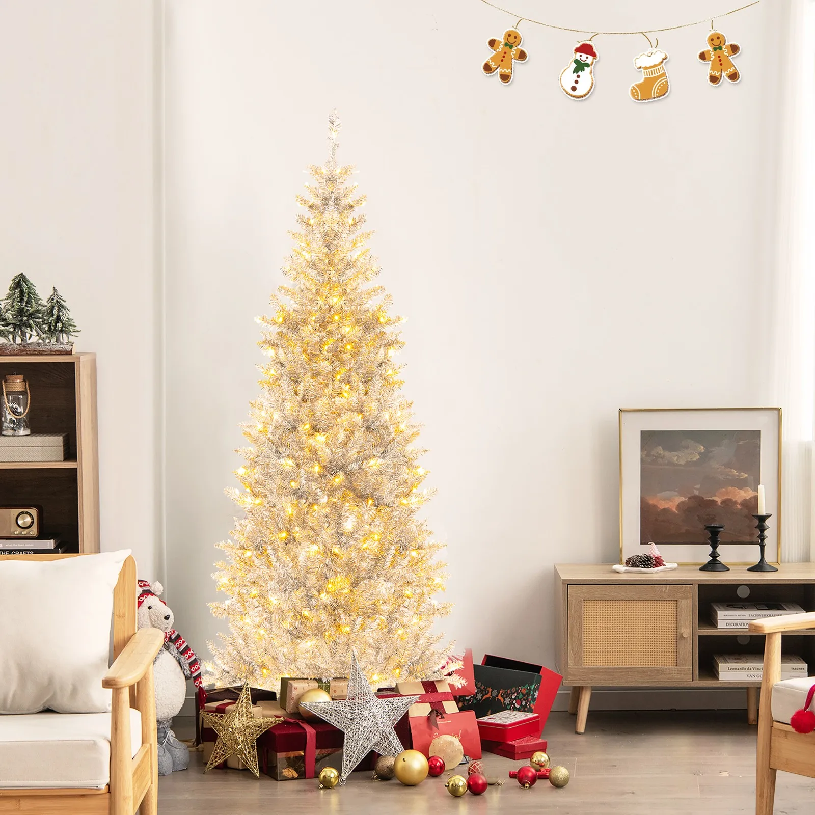 6FT Pre-lit Artificial Silver Tinsel Pencil Christmas Tree w/790 Branch Tips