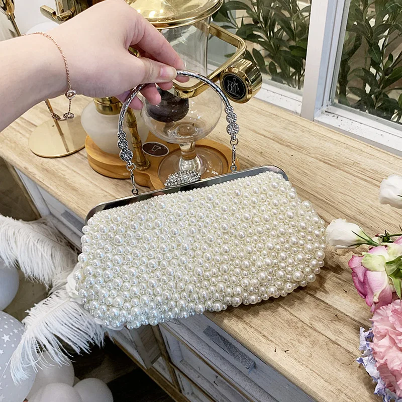 

New Vintage Chain Metal Handle Pearl Weave Bag Pearl Clutch Evening Bag For Women