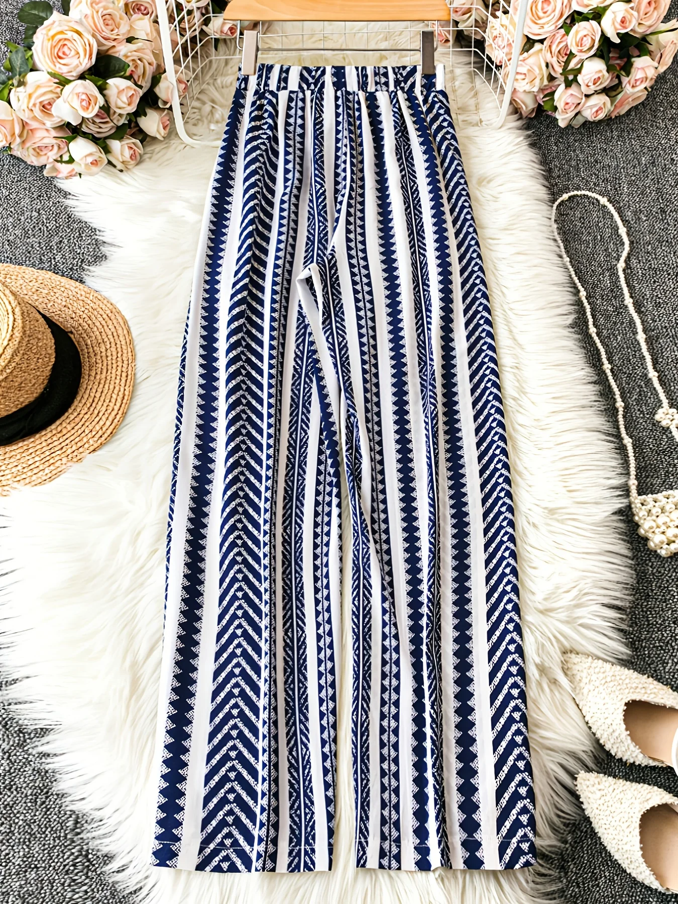 Bohemian style casual elegant printed elastic high waisted slimming women's loose wide leg beach pants long pants