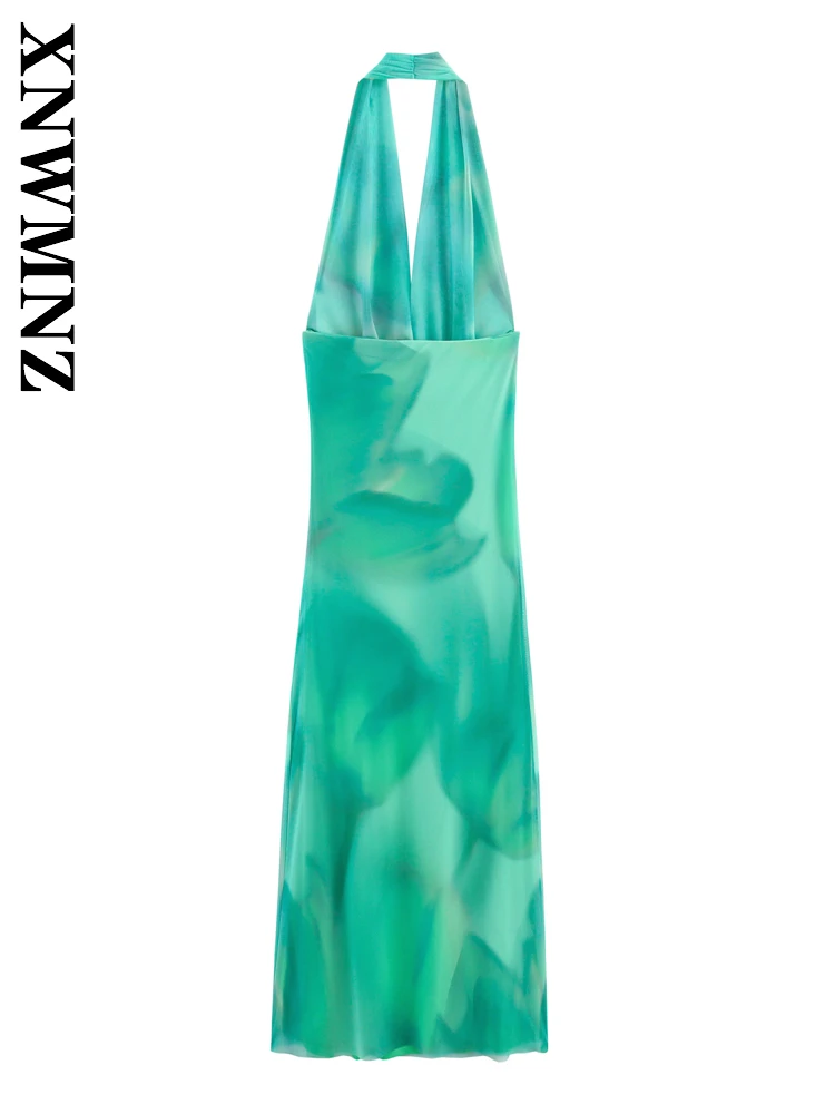 XNWMNZ 2025 Summer Woman Fashion boho Sleeveless Shoulder Backless Tulle long Dresses Sexy Chic Lady Halter Holiday Print Dress