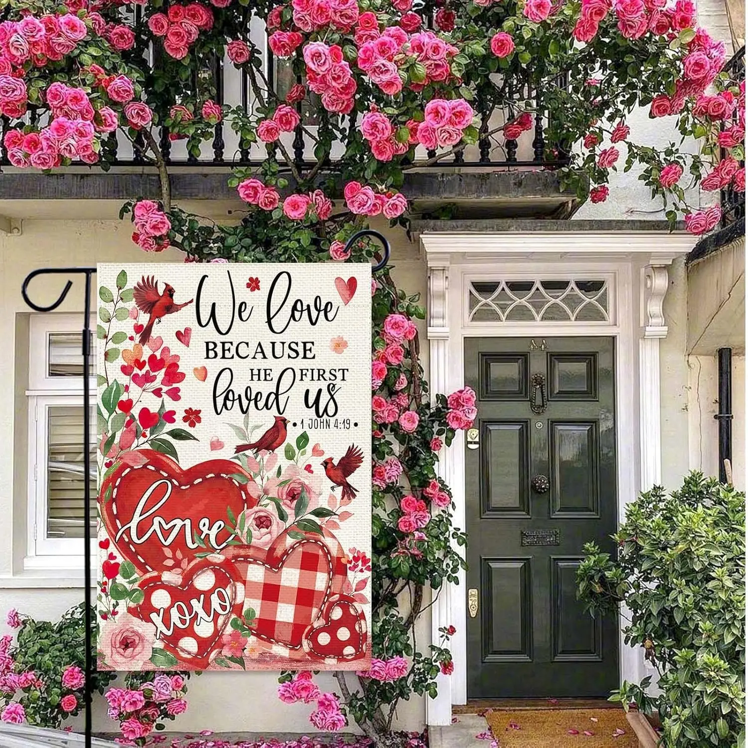 Baccessor Valentines Day Garden Flag, We Love Because He First Loved us Flags 12.5x18 Inch Double Sided Burlap Yard Flag Hol XXP