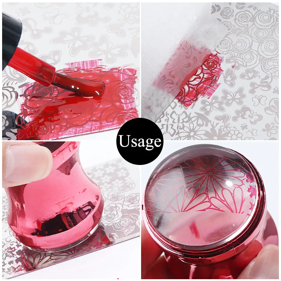 Mirror Nail Stamper Clear Silicone Double Head Manicure Scraper Polish Transfer Template Kits with Cap Nail Art Stamping Plates