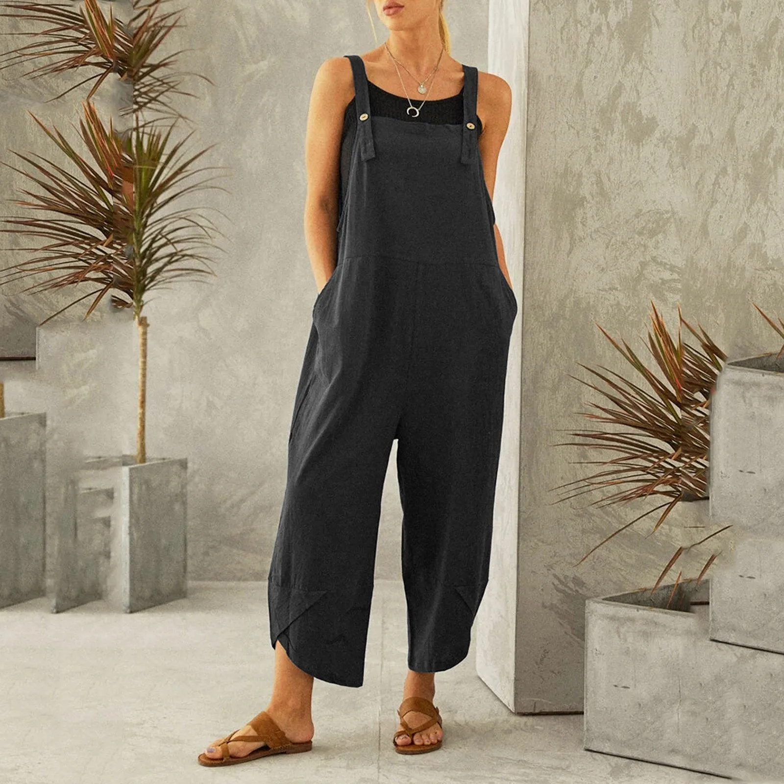 

Women Rompers Plus Size Casual Long Jumpsuit Playsuits Strap Solid Color Button Pocket Fashion Overalls Boho Wide Leg Trousers