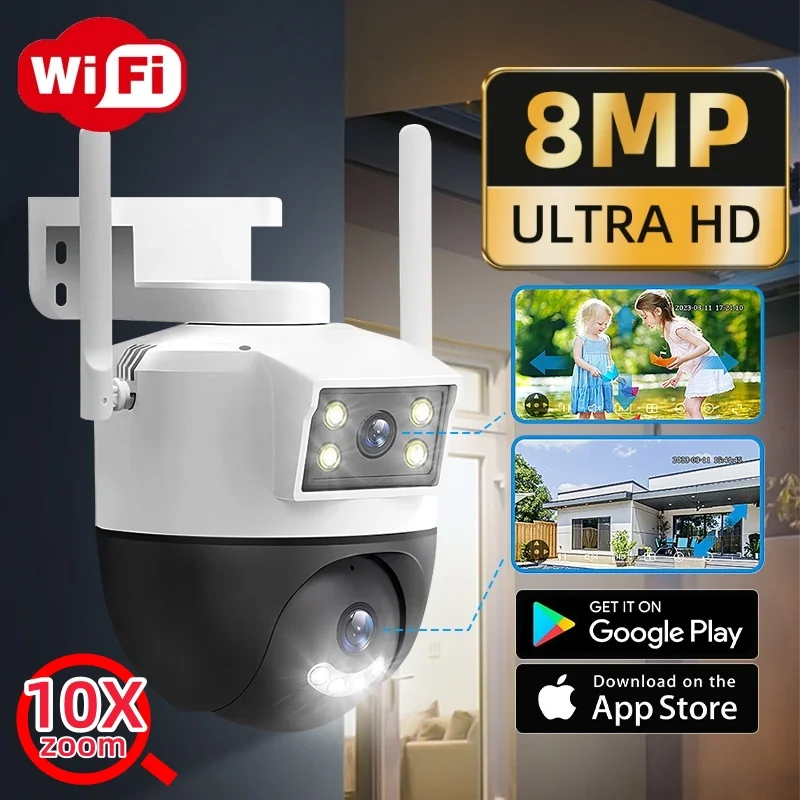 

8MP 4K Outdoor Wifi Camera Wireless Dual Lens10X Digital Zoom PTZ IP Camera Motion Detection CCTV HD Vedio Home Street Cam V380