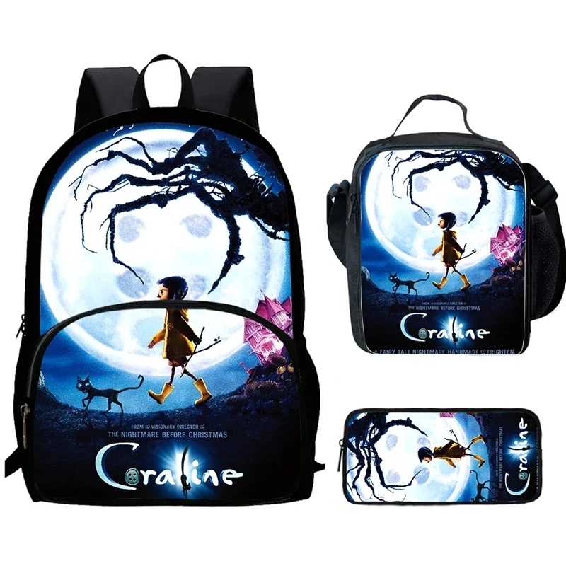 3Pc Set Co-ra-line Printed Cartoon School Bags Child Backpack with Lunch Bag Pencil Case,Kids Book Bags for Pupil Students