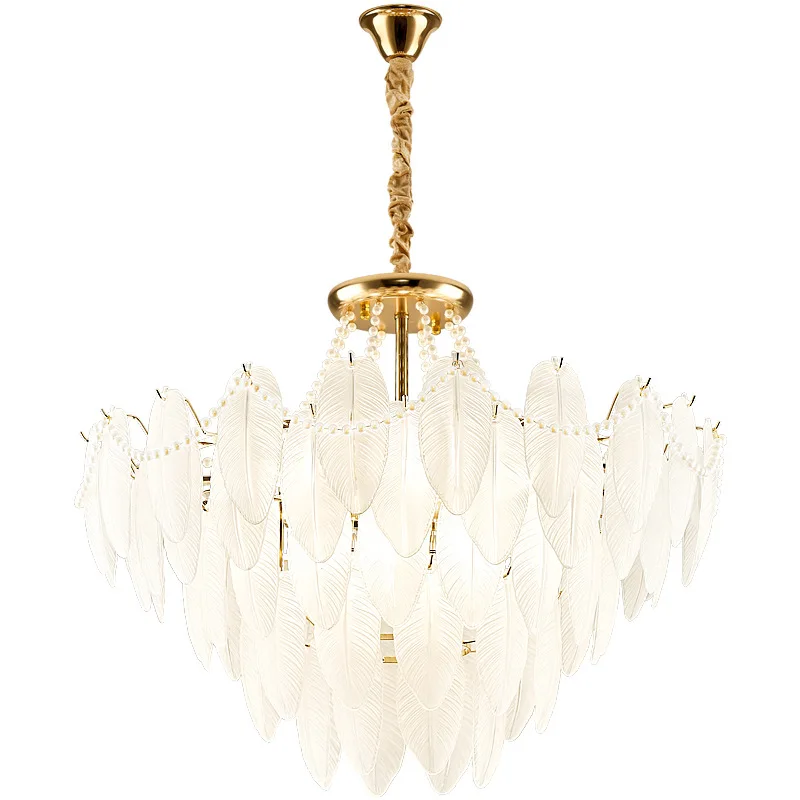 

2025 candle French light luxury bedroom chandelier living room dining room cream pearl decoration feather crystal