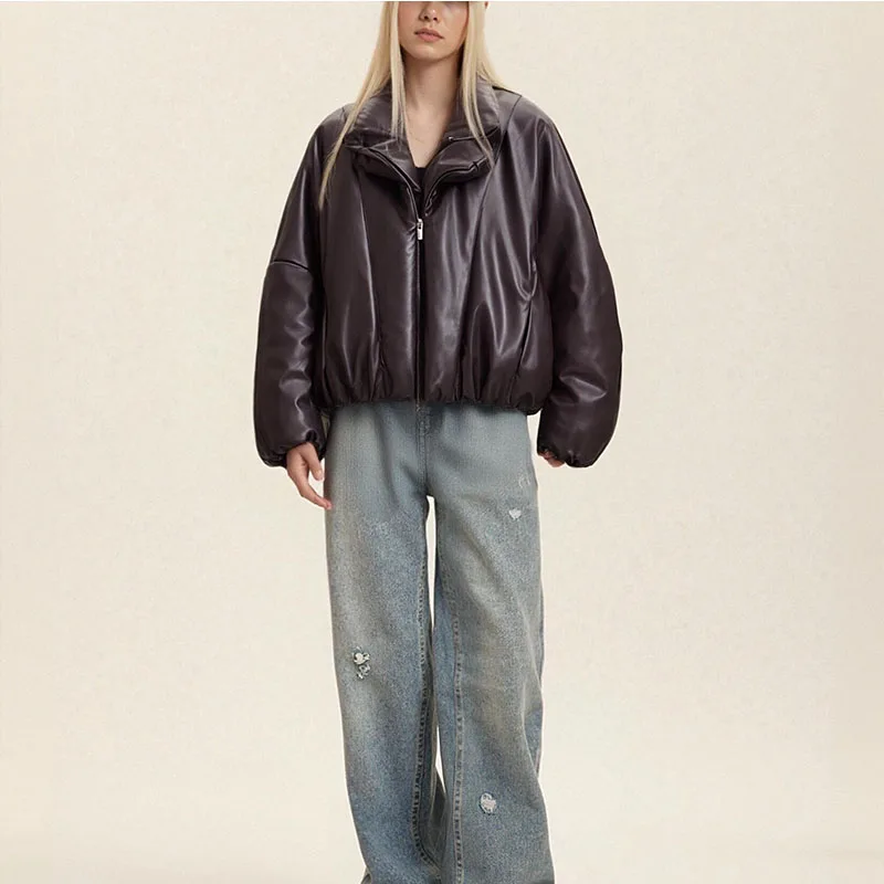 2025 outono/inverno nova moda feminina: estilo europeu e americano versátil cor sólida grande lapela zíper jaqueta de algodão