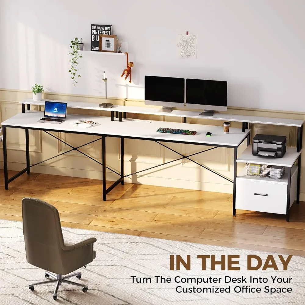 Computer Desk with File Drawer, Power Outlet & LED Strip, L Shaped Computer Desk with File Cabinet, Desk with Monitor Shelf