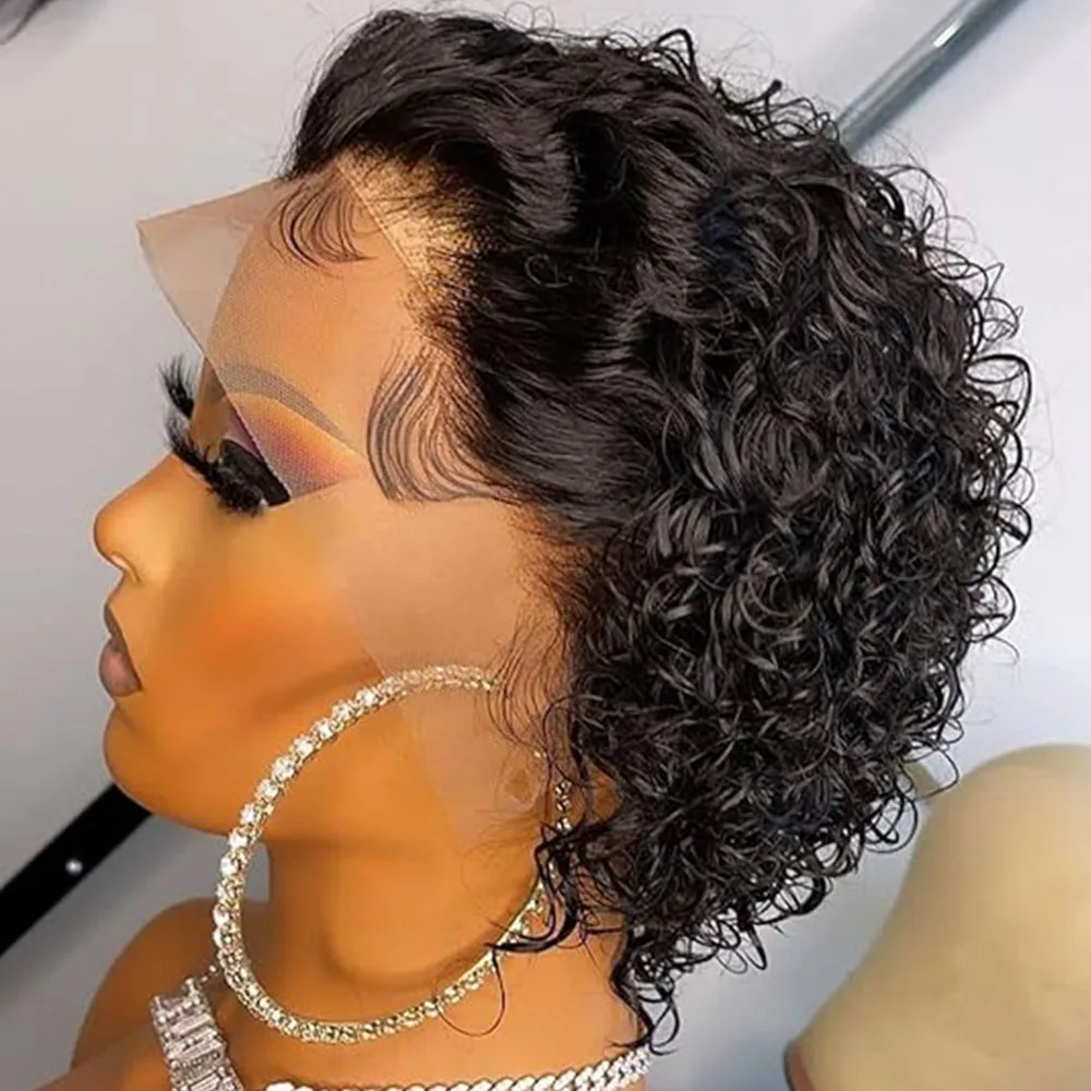 

Short Curly Pixie Cut Lace Front Wigs 6 inch 13X1 Lace Human Hair Wig HD Lace Front Wigs Plucked For Black Women Natural Black
