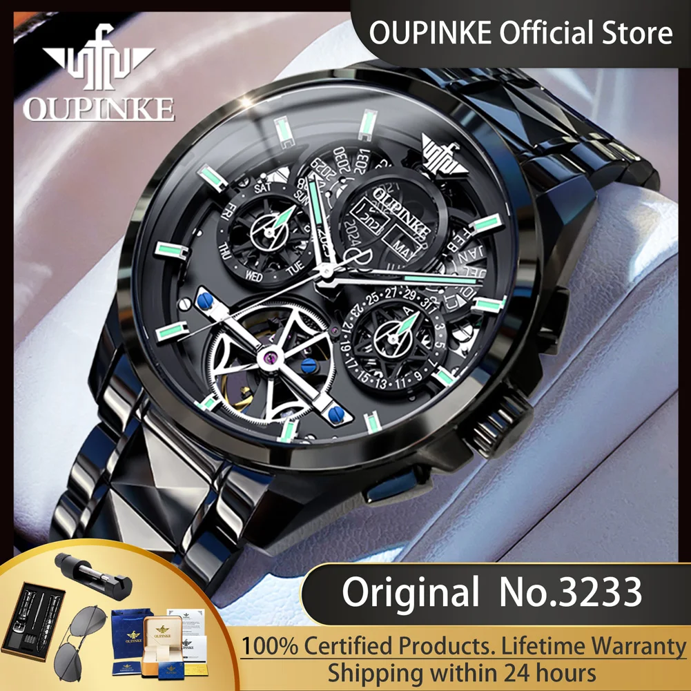 

OUPINKE 3233 Automatic Mechanical Watch for Men Skeleton Flywheel Multifunctional Tungsten Steel Strap Original Men's Wristwatch