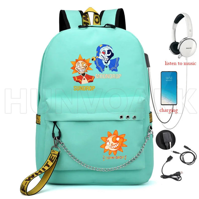 FNAF-Mochila multifuncional Sundrop e Moondrop para homens e mulheres, mochila escolar de grande capacidade, mochila de carregamento USB para laptop