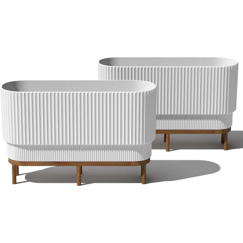 

Demi Series Raised Long Planter for Indoor/Outdoor Use| Made from Plastic & Stone w/Wooden Stand