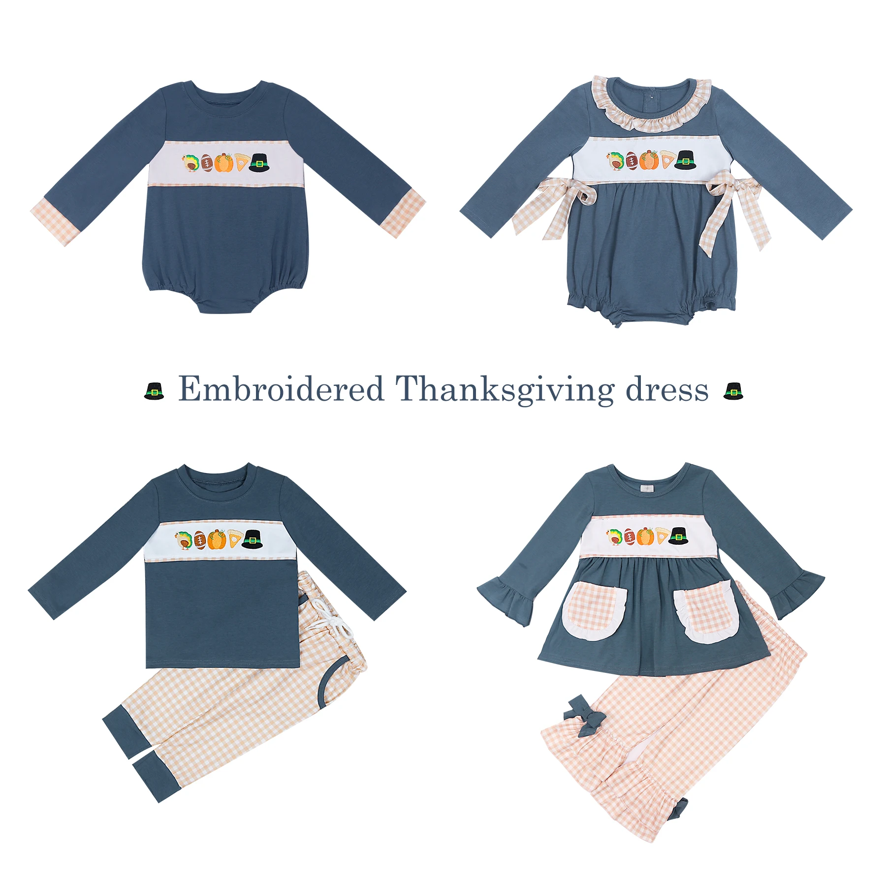 Baby New Cotton Long Sleeve T-shirt Set Round Neck Thanksgiving Turkey Embroidery Boy Blue Top Clothes And Orange Lattice Pants