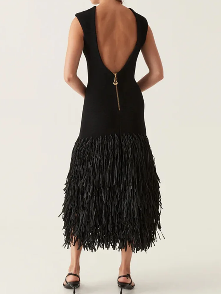 Fashion Knitted Tassels Hem Women Long Dress Elegant O Neck Pad Backless Zipper Sleeveless Slim Maxi Dresses Lady Party Vestidos