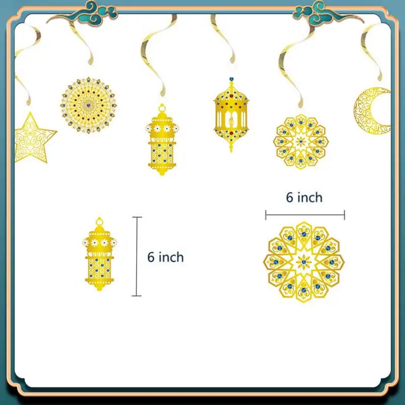 

(Новинка)-Рамадан Ид Мубарак Украшение Ид Аль-Адха Украшение Золотые подвесные завитки Украшения Луна, звезды и фонарь Ид Гирлянда