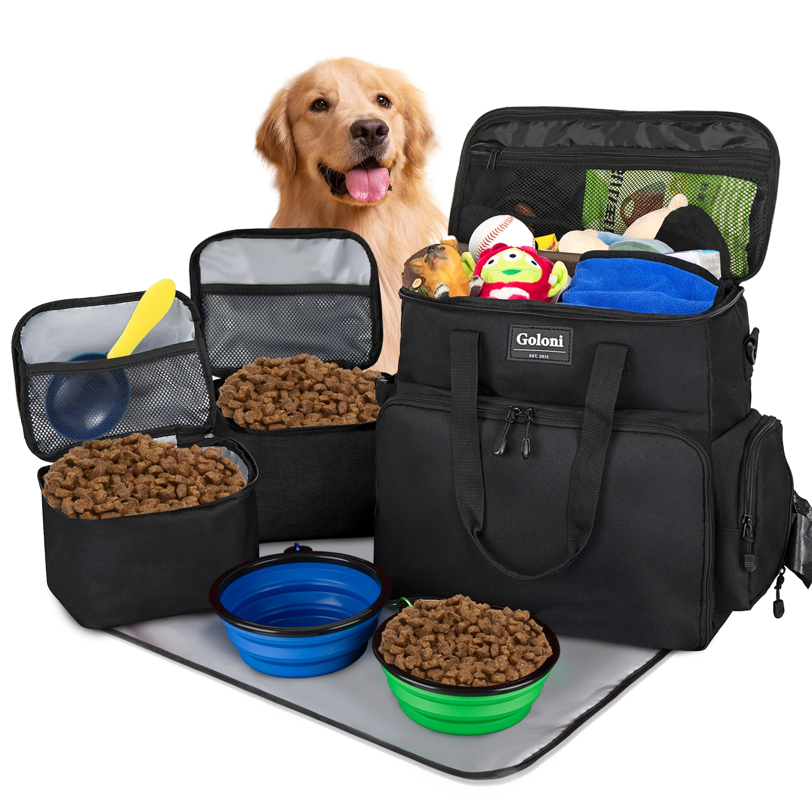 Дорожная сумка для собак, одобренная авиакомпанией — дорожная сумка для домашних животных со складными мисками, контейнерами для еды и ковриком для кормления — органайзер с несколькими карманами для