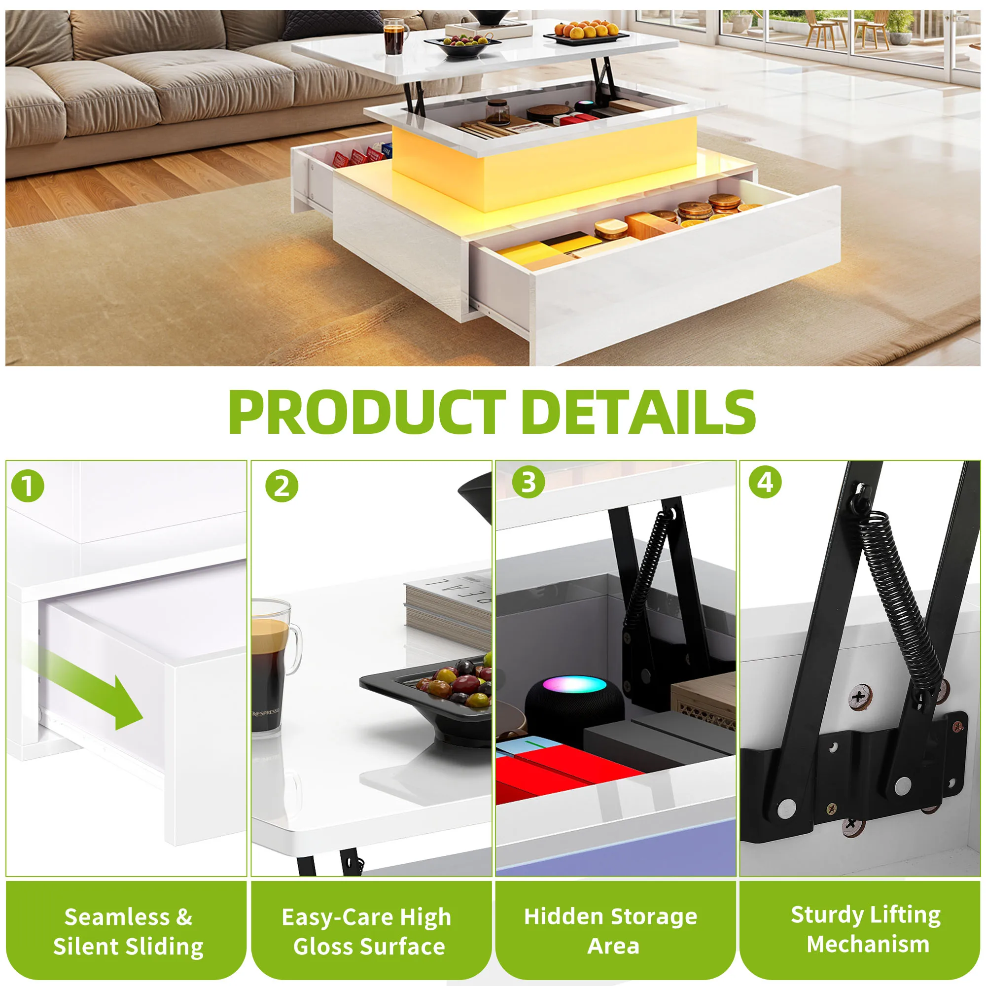 Balconera Lift-Top Coffee Table - Modern Rectangular with 16 Color LEDs & 2 Drawers, Elevated Surface with Lighting