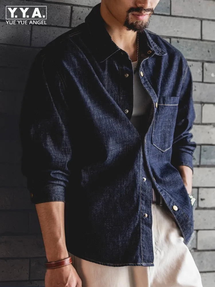 

Spring Mens Loose Fit Single Breasted Work Shirt Business Casual Long Sleeve Denim Tops Streetwear Vintage Male Cargo Shirts 4XL