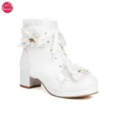 Stivali con plateau da donna stivaletti alla caviglia con tacco grosso allacciato con fiocco stile Harajuku gotico JK uniforme Cosplay scarpe invernali