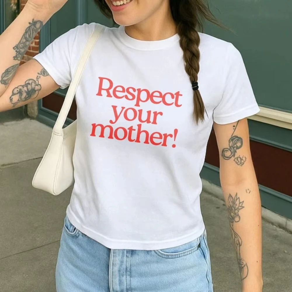 T-shirt Rétro Y2K « Respect Your Mother » – Cadeau Amusant pour la Fête des Mères – T-shirt Femme Col Rond Manches Courtes Moderne et Tendance